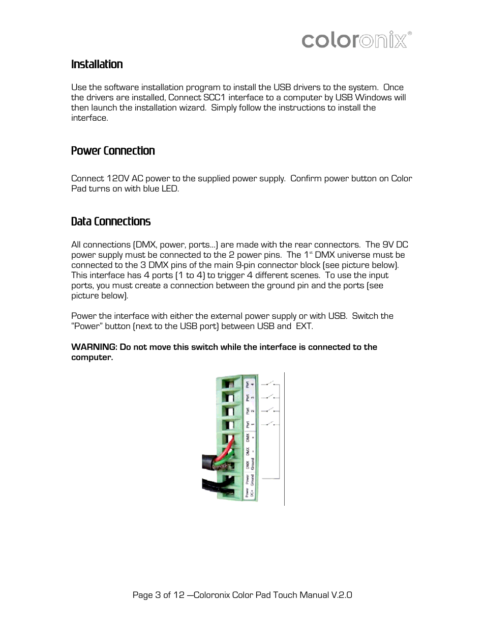 Data connections, Installation, Power connection | Coloronix SCC1 User Manual | Page 3 / 12