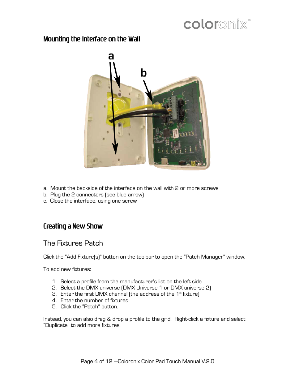 Mounting the interface on the wall, Creating a new show, The fixtures patch | Coloronix SCC1 User Manual | Page 4 / 12