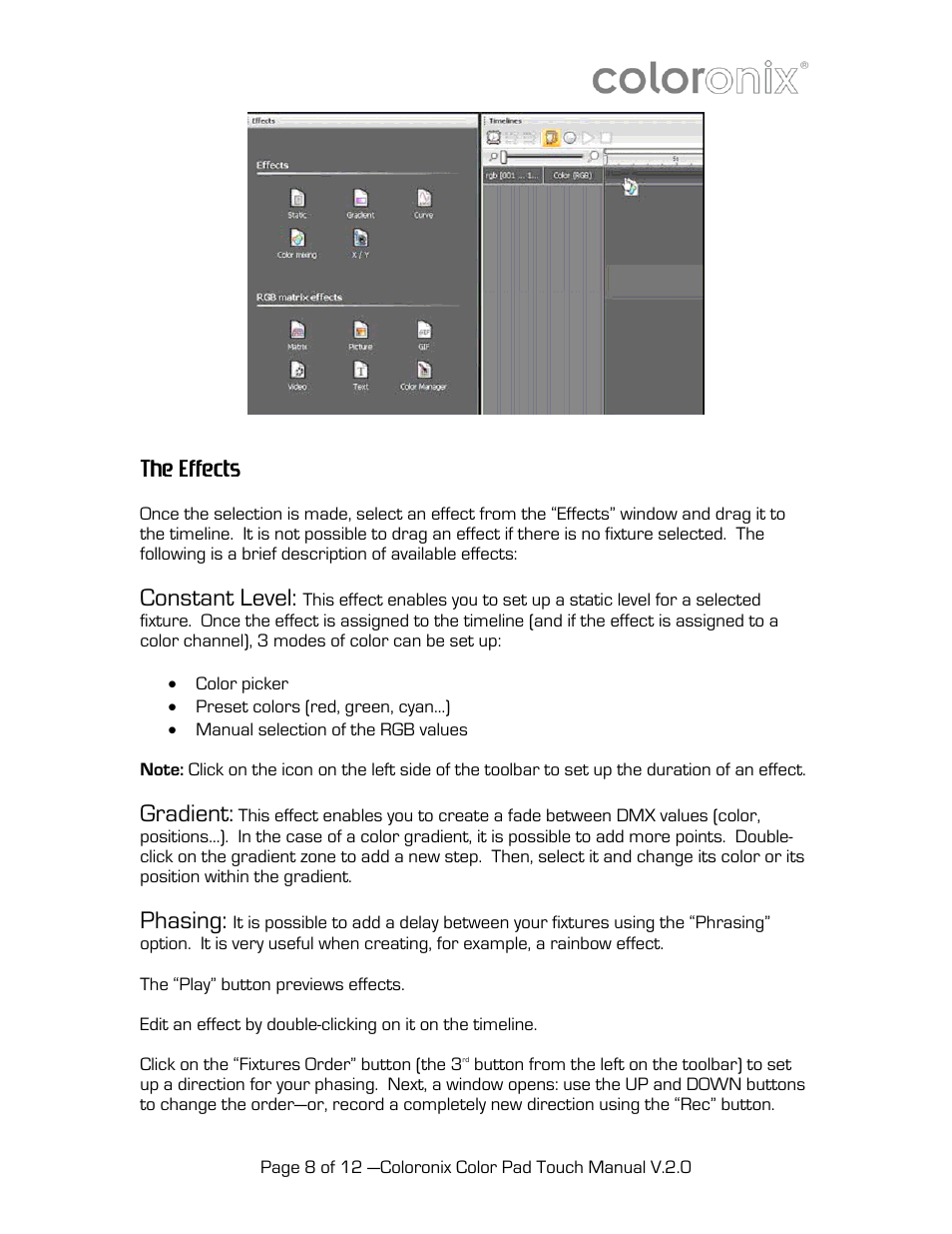 The effects, Constant level, Gradient | Phasing | Coloronix SCC1 User Manual | Page 8 / 12