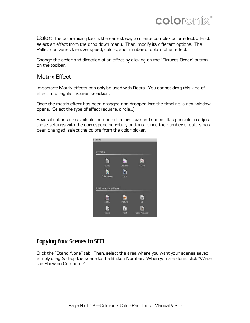 Copying your scenes to scc1, Color, Matrix effect | Coloronix SCC1 User Manual | Page 9 / 12