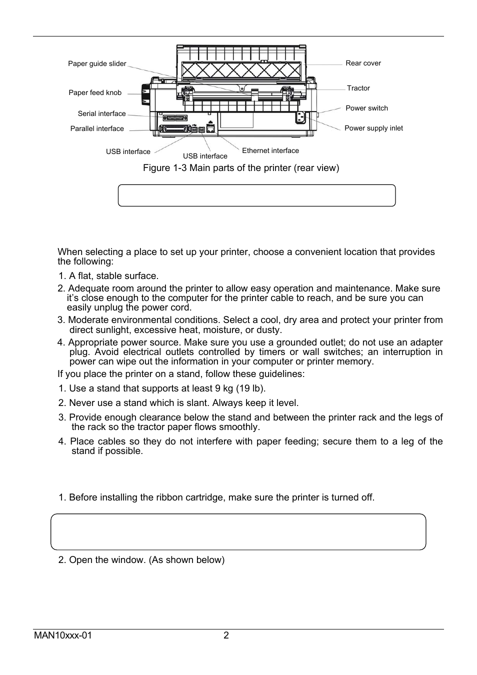 4 choosing a place for the printer, 5 installing the ribbon cartridge | Compuprint 2056 User Manual | Page 10 / 68