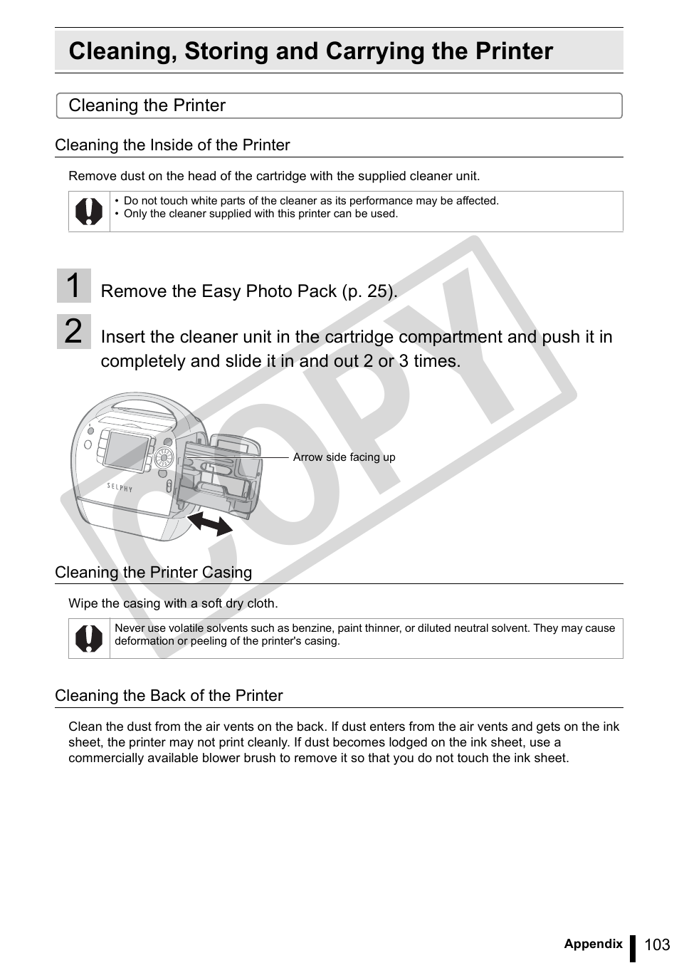 Cleaning, storing and carrying the printer, Co py | Canon SELPHY ES3 CDP-E063-010 User Manual | Page 103 / 124