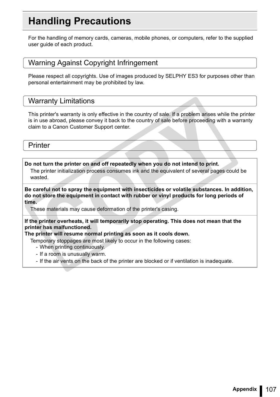 Handling precautions, Handling precautions (p, Co py | Canon SELPHY ES3 CDP-E063-010 User Manual | Page 107 / 124