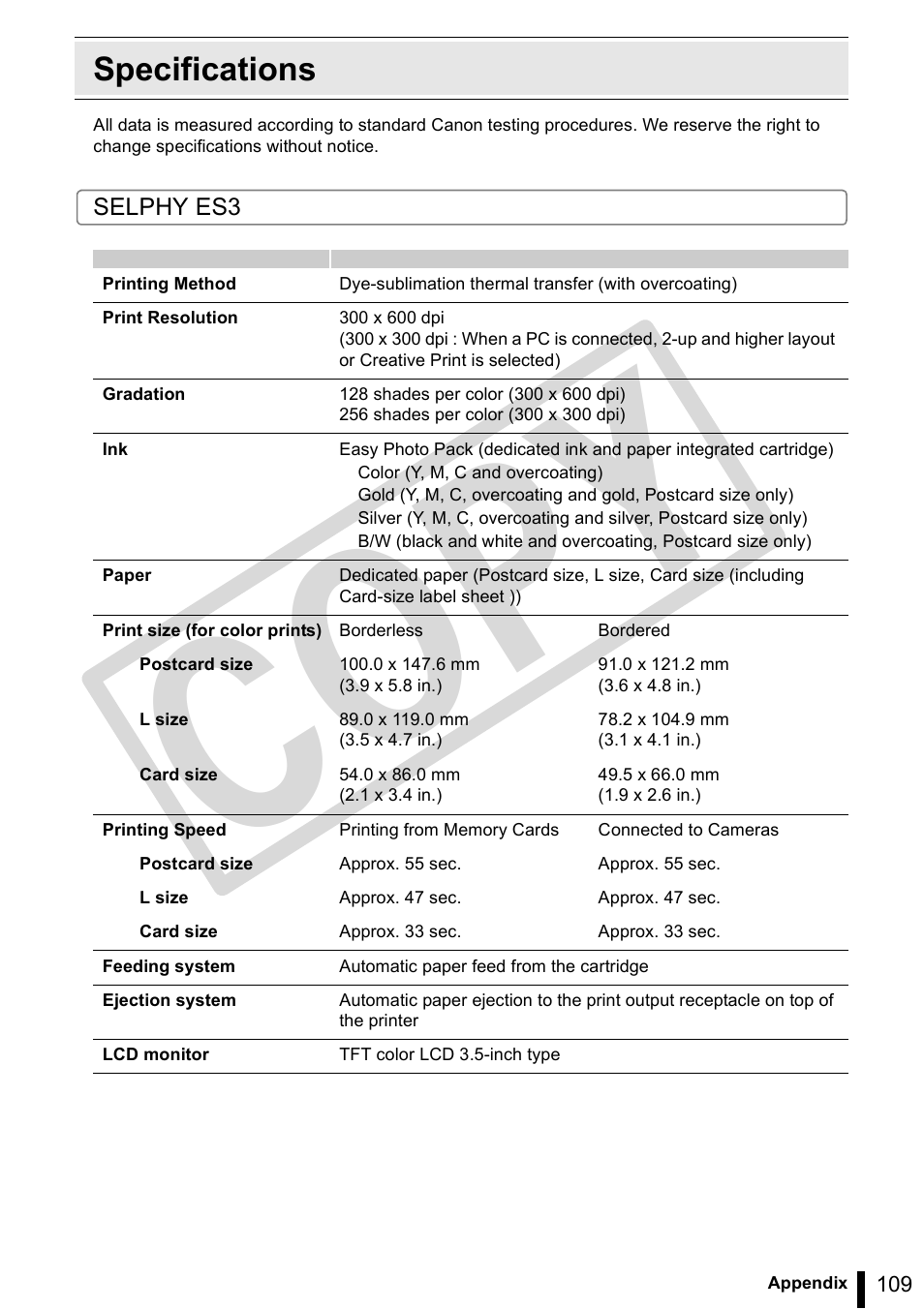 Specifications, Co py | Canon SELPHY ES3 CDP-E063-010 User Manual | Page 109 / 124