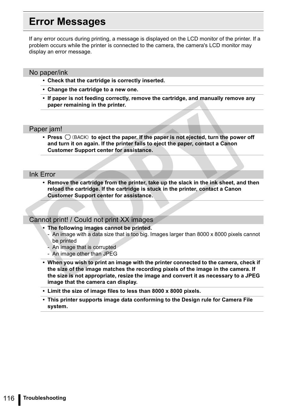 Error messages, Co py | Canon SELPHY ES3 CDP-E063-010 User Manual | Page 116 / 124