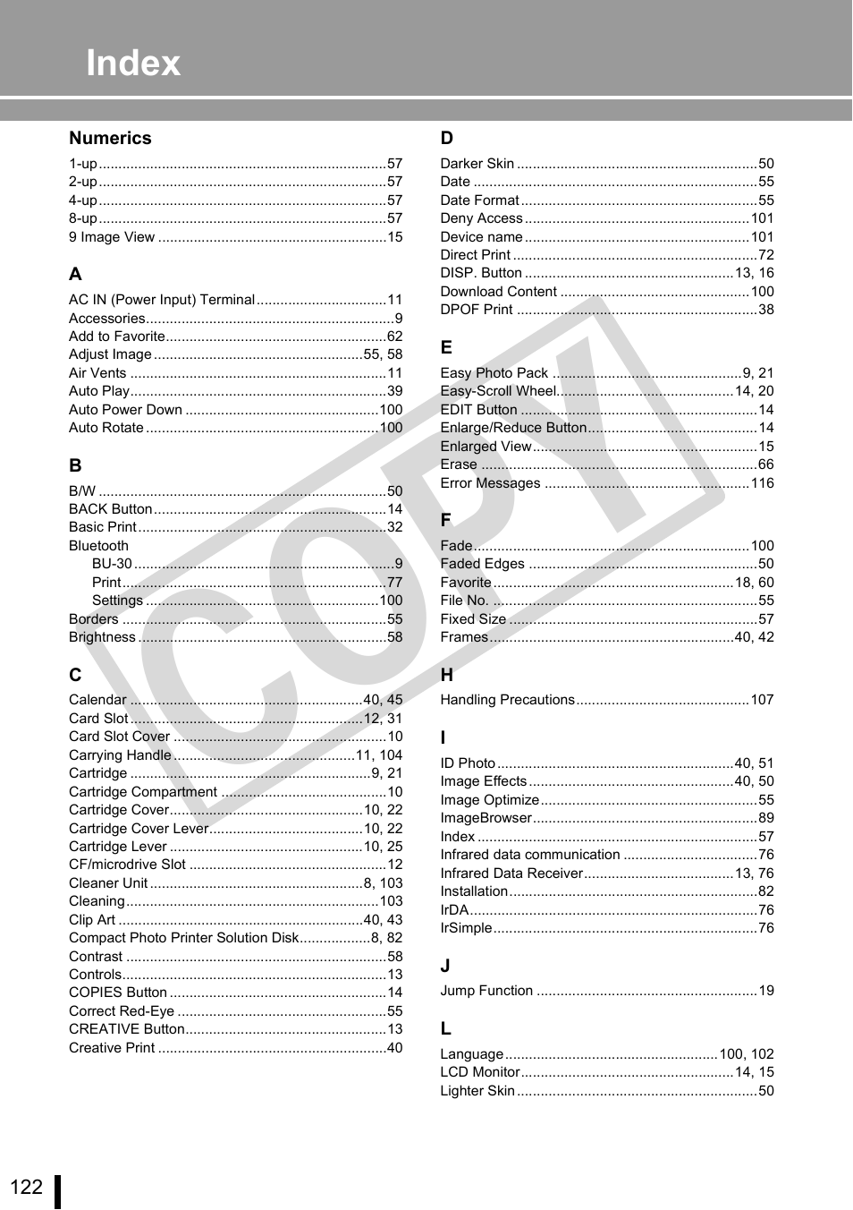 Index, C o p y | Canon SELPHY ES3 CDP-E063-010 User Manual | Page 122 / 124