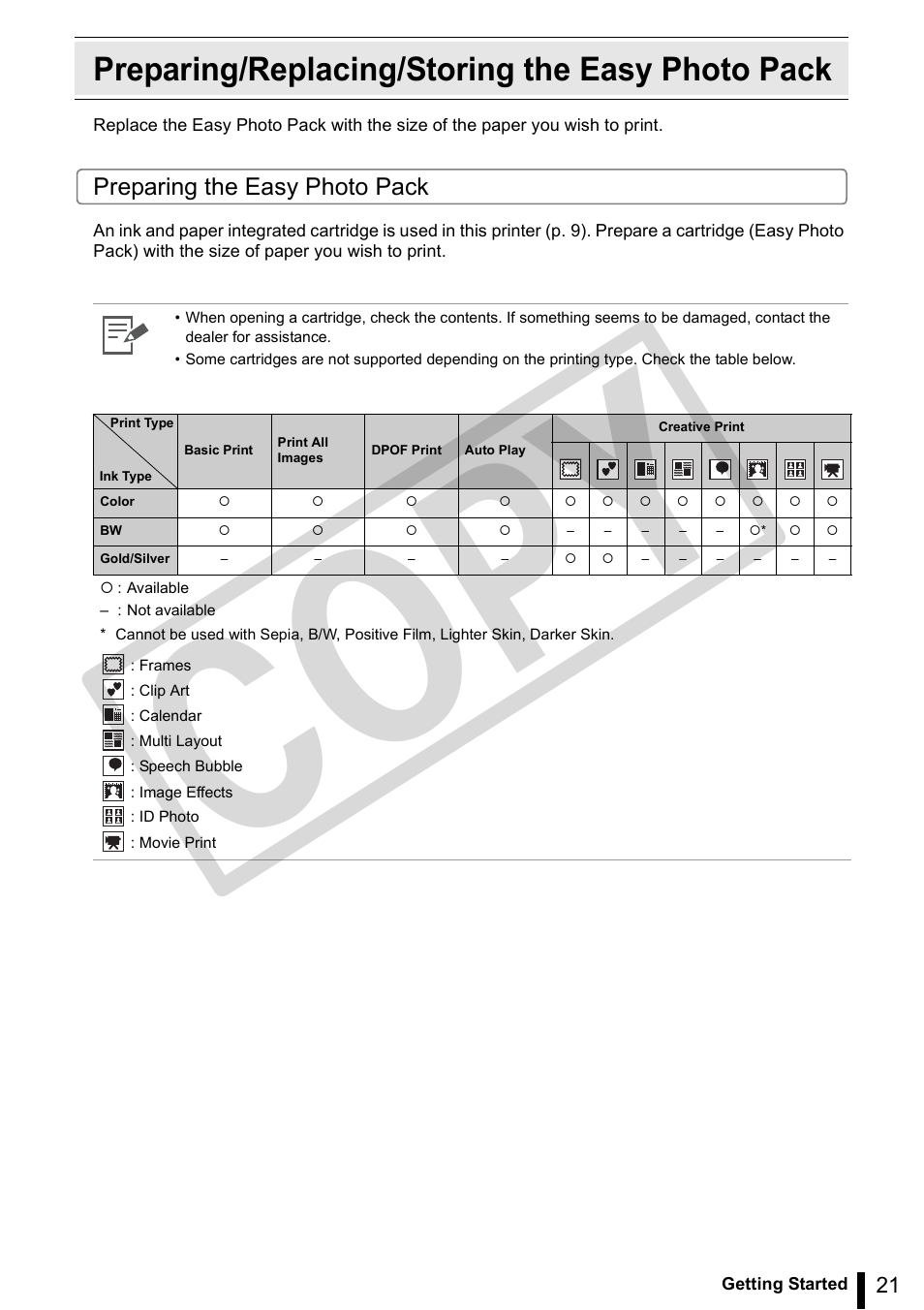 Preparing/replacing/storing the easy photo pack, Co py | Canon SELPHY ES3 CDP-E063-010 User Manual | Page 21 / 124