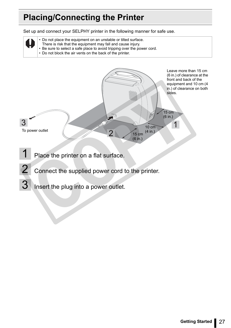 Placing/connecting the printer, Co py | Canon SELPHY ES3 CDP-E063-010 User Manual | Page 27 / 124