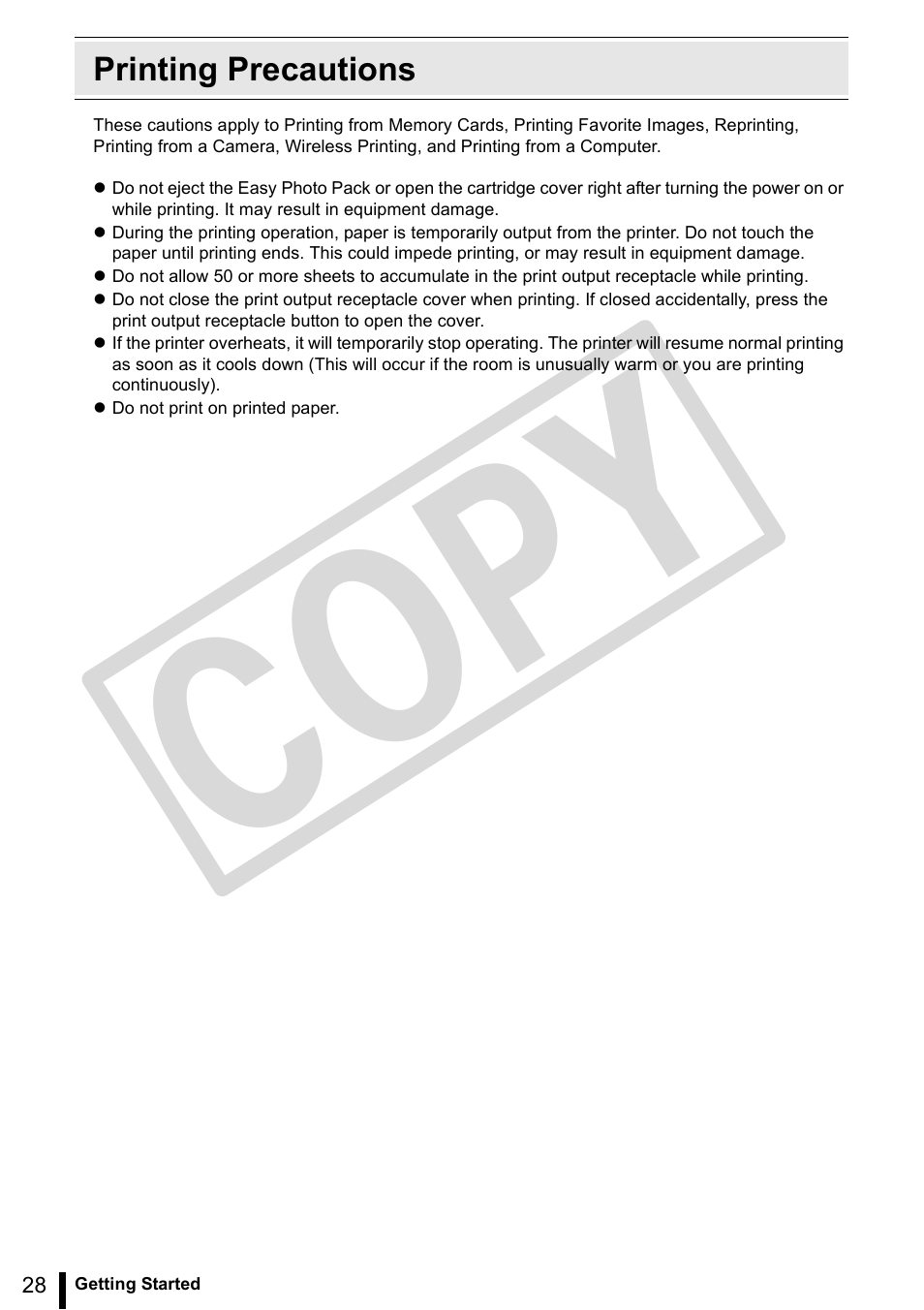 Printing precautions, Co py | Canon SELPHY ES3 CDP-E063-010 User Manual | Page 28 / 124