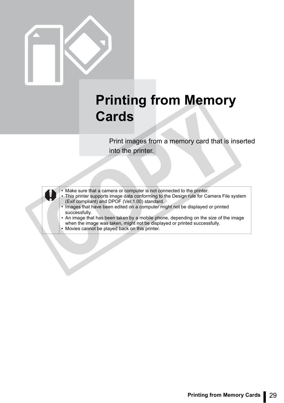 Printing from memory cards, Co py | Canon SELPHY ES3 CDP-E063-010 User Manual | Page 29 / 124