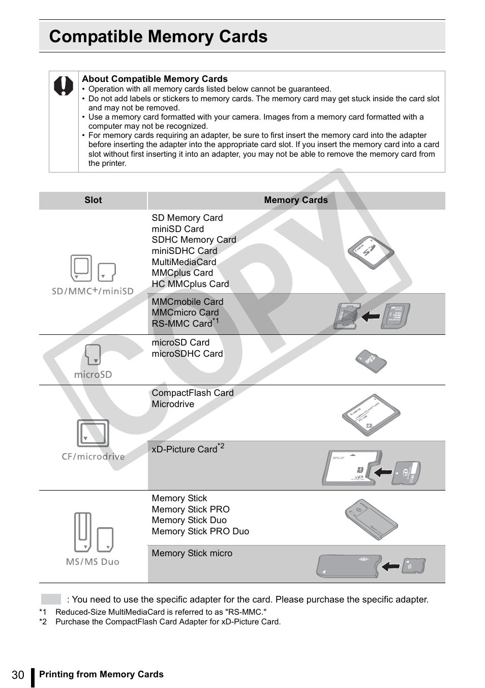 Compatible memory cards, Co py | Canon SELPHY ES3 CDP-E063-010 User Manual | Page 30 / 124