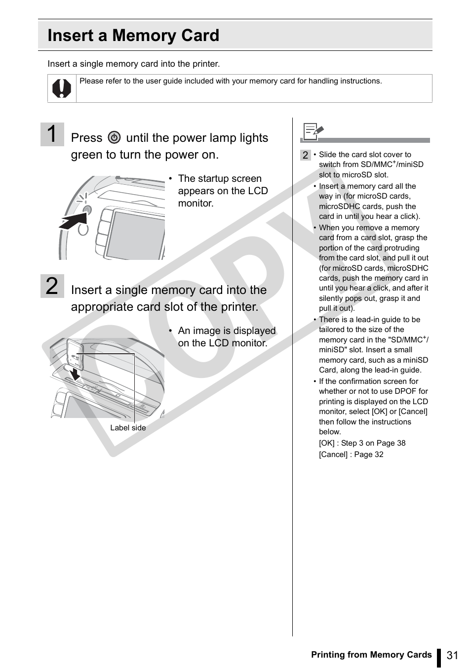 Insert a memory card, Co py | Canon SELPHY ES3 CDP-E063-010 User Manual | Page 31 / 124