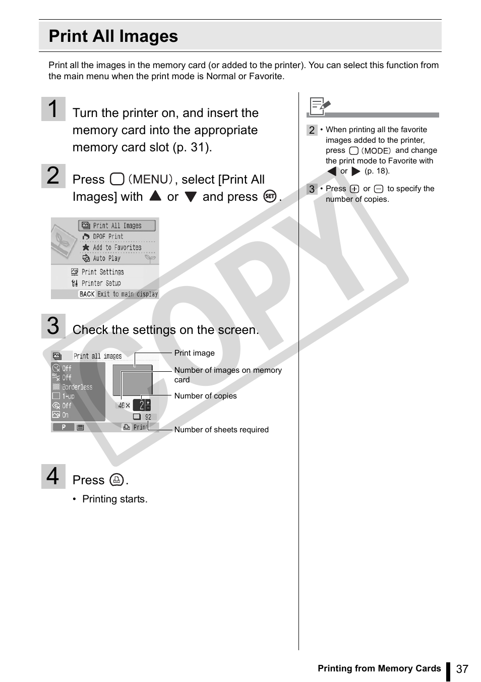Print all images, Co py | Canon SELPHY ES3 CDP-E063-010 User Manual | Page 37 / 124