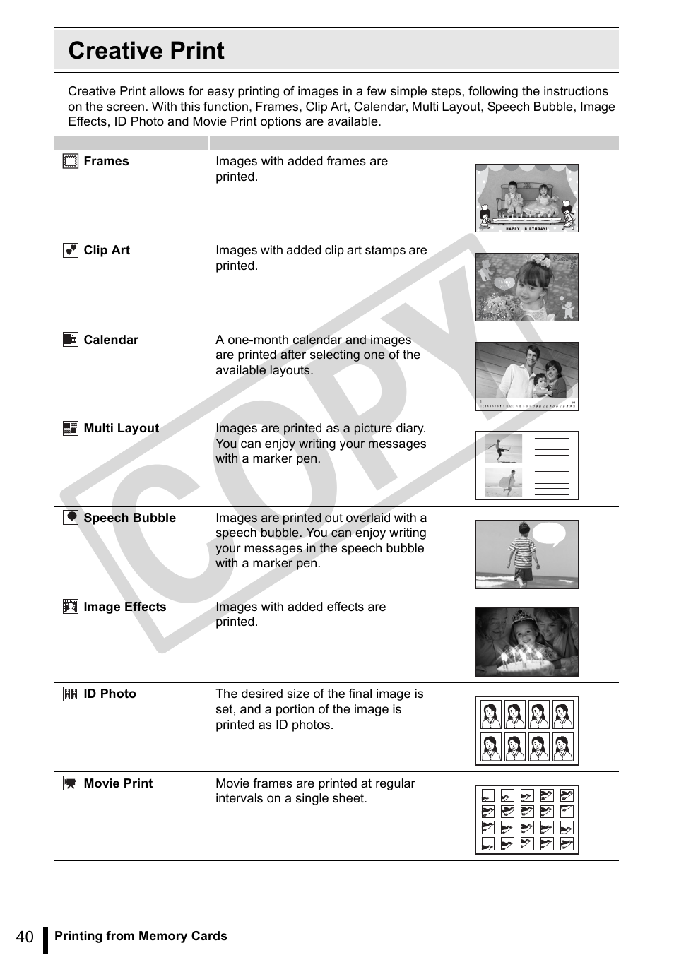 Creative print, Co py | Canon SELPHY ES3 CDP-E063-010 User Manual | Page 40 / 124