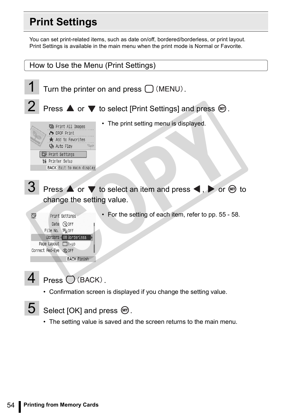 Print settings, Co py | Canon SELPHY ES3 CDP-E063-010 User Manual | Page 54 / 124