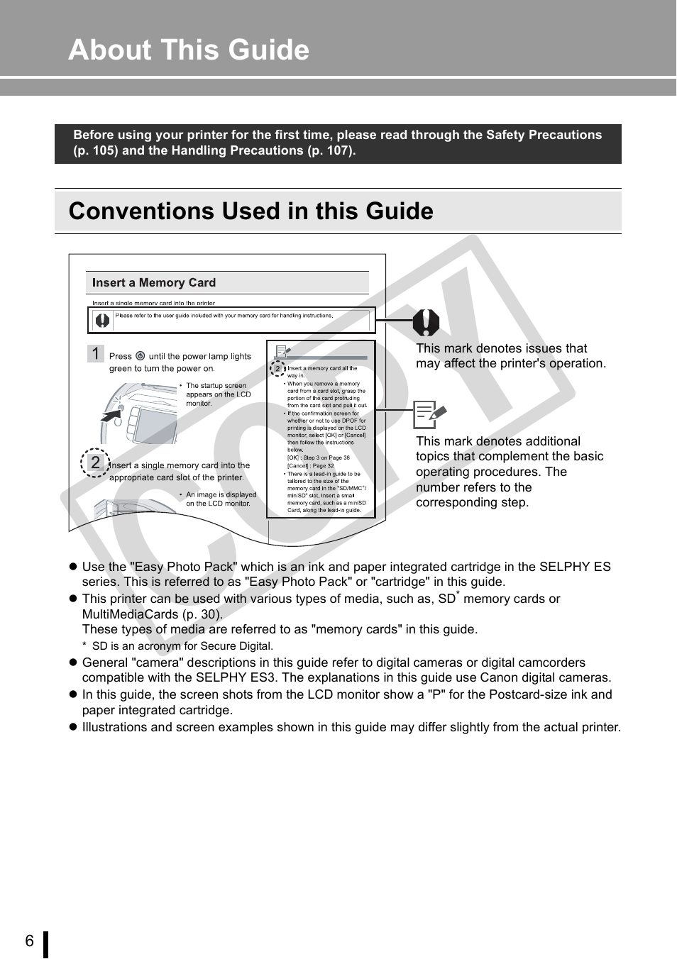 About this guide, Conventions used in this guide, Co py | Canon SELPHY ES3 CDP-E063-010 User Manual | Page 6 / 124
