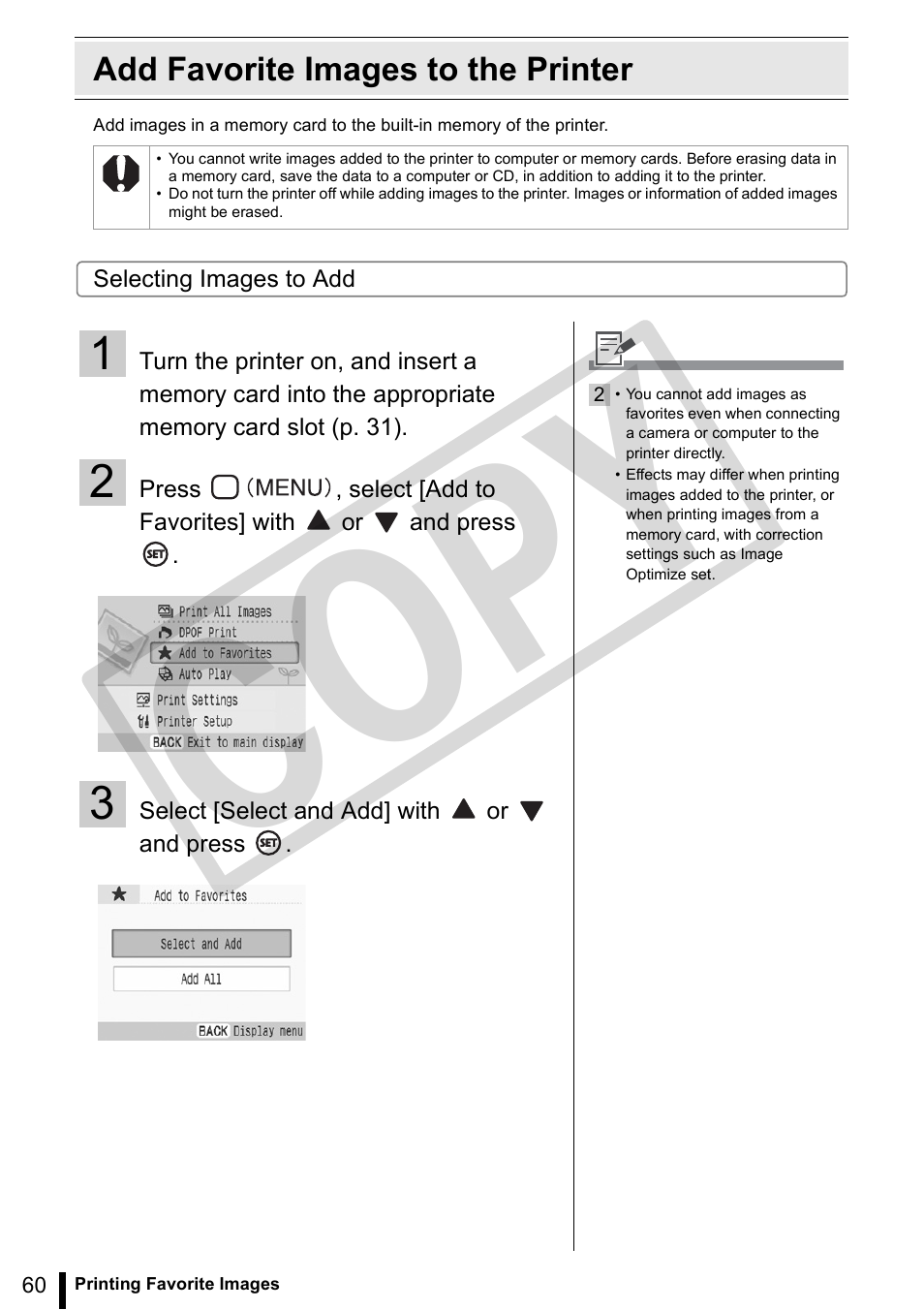 Add favorite images to the printer, 60) and print, Co py | Canon SELPHY ES3 CDP-E063-010 User Manual | Page 60 / 124