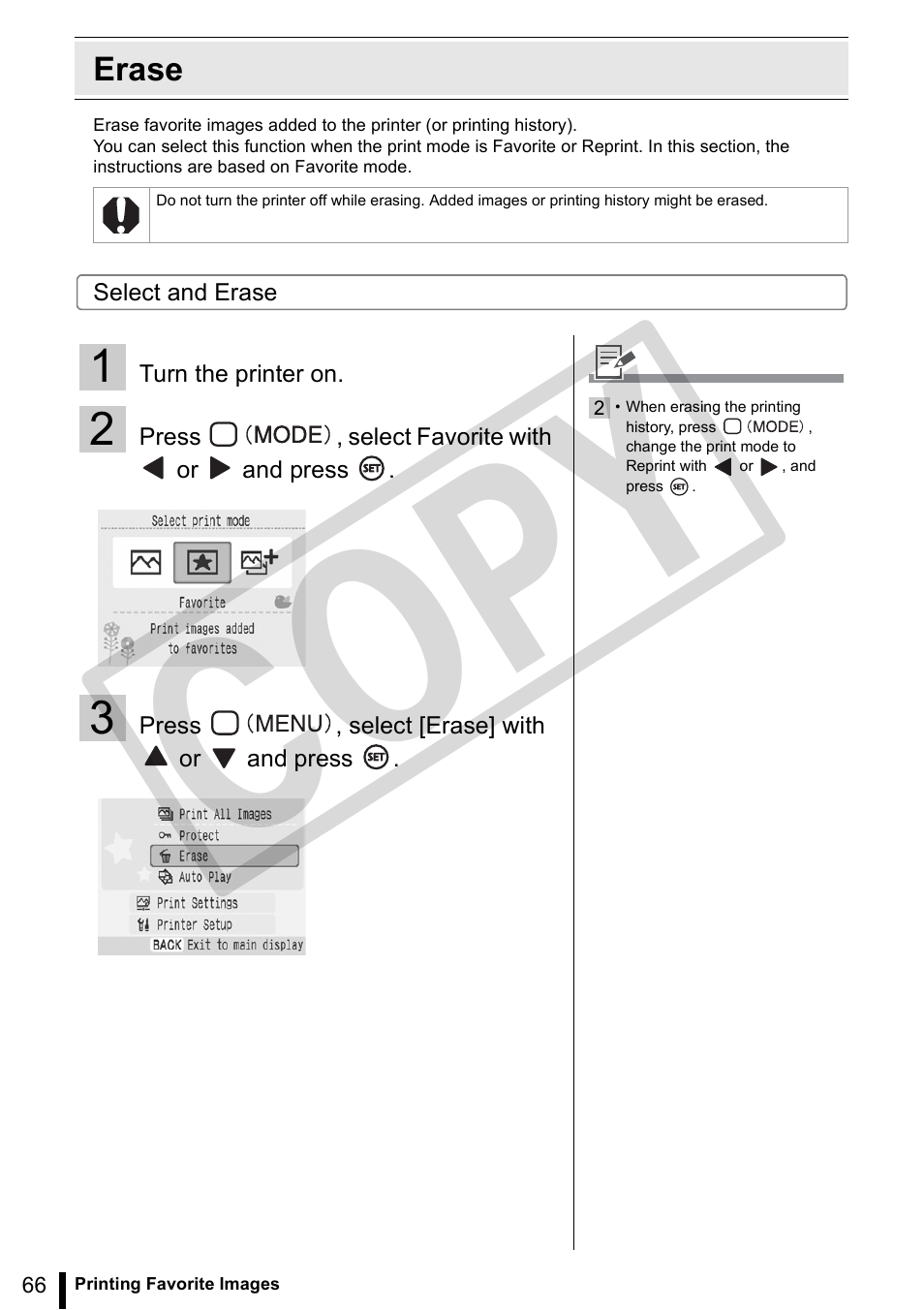 Erase, Co py | Canon SELPHY ES3 CDP-E063-010 User Manual | Page 66 / 124