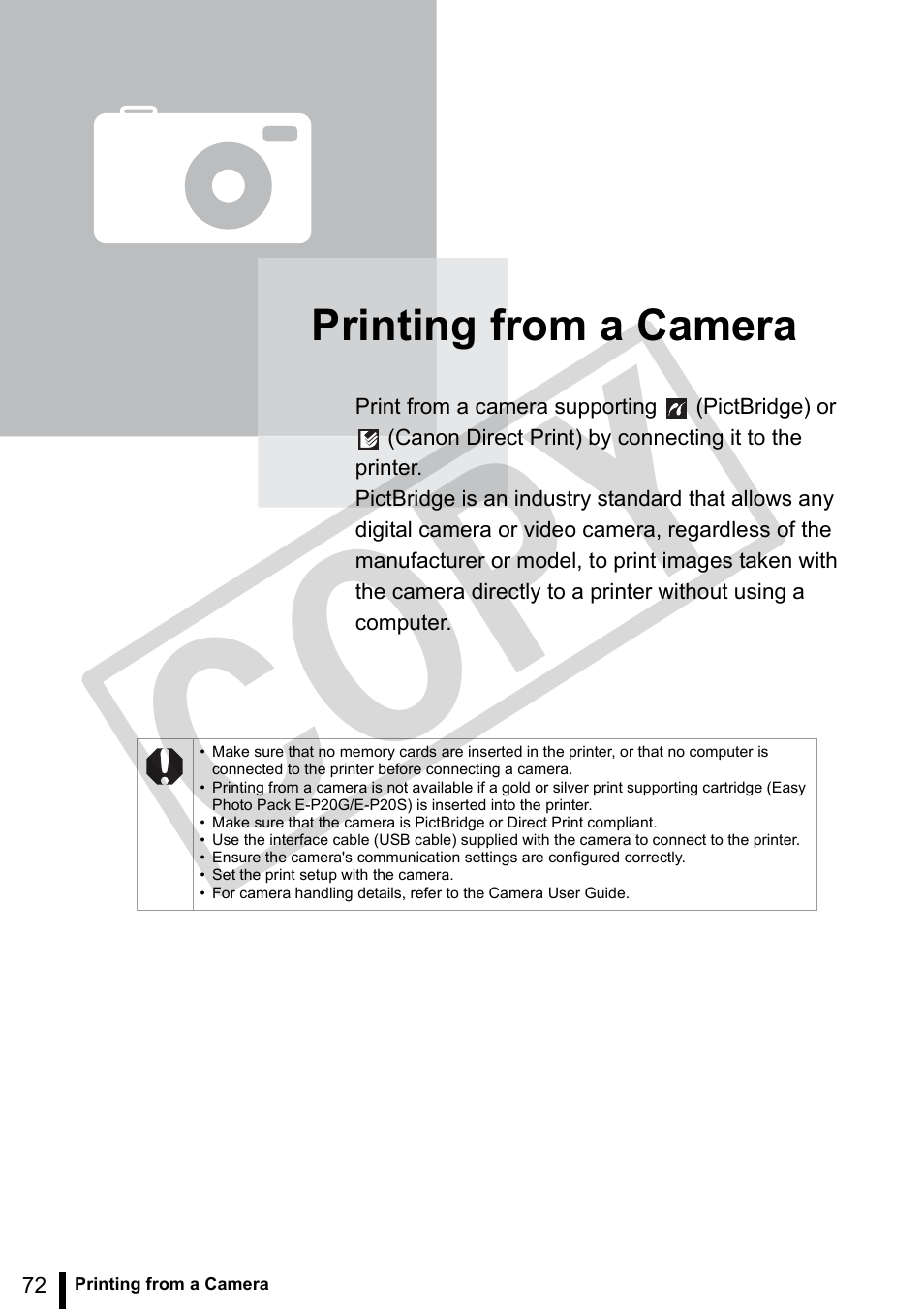 Printing from a camera, Co py | Canon SELPHY ES3 CDP-E063-010 User Manual | Page 72 / 124