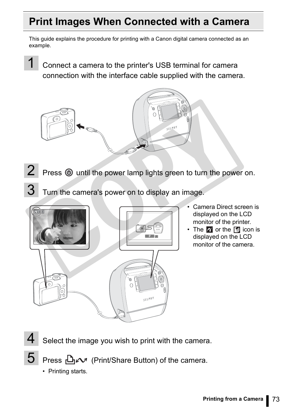 Print images when connected with a camera, Co py | Canon SELPHY ES3 CDP-E063-010 User Manual | Page 73 / 124