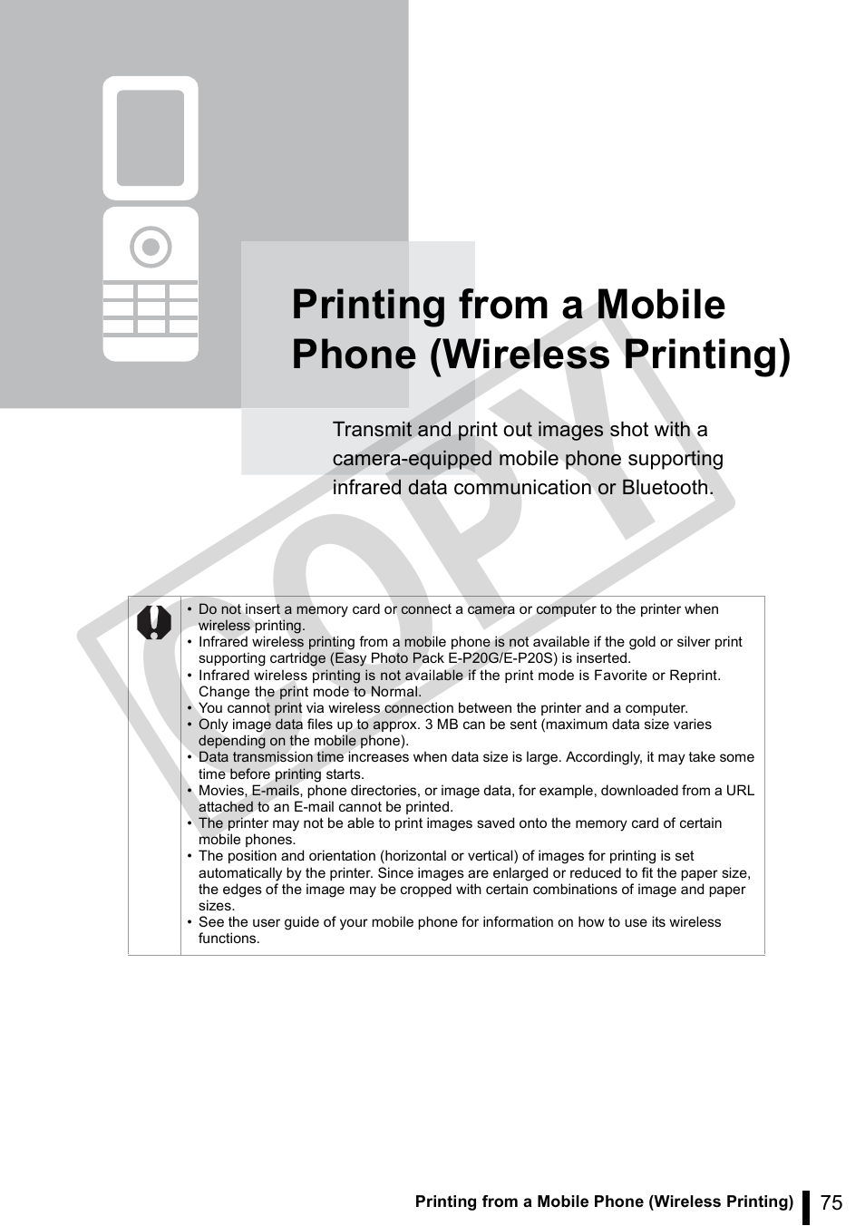 Printing from a mobile phone (wireless printing), Co py | Canon SELPHY ES3 CDP-E063-010 User Manual | Page 75 / 124