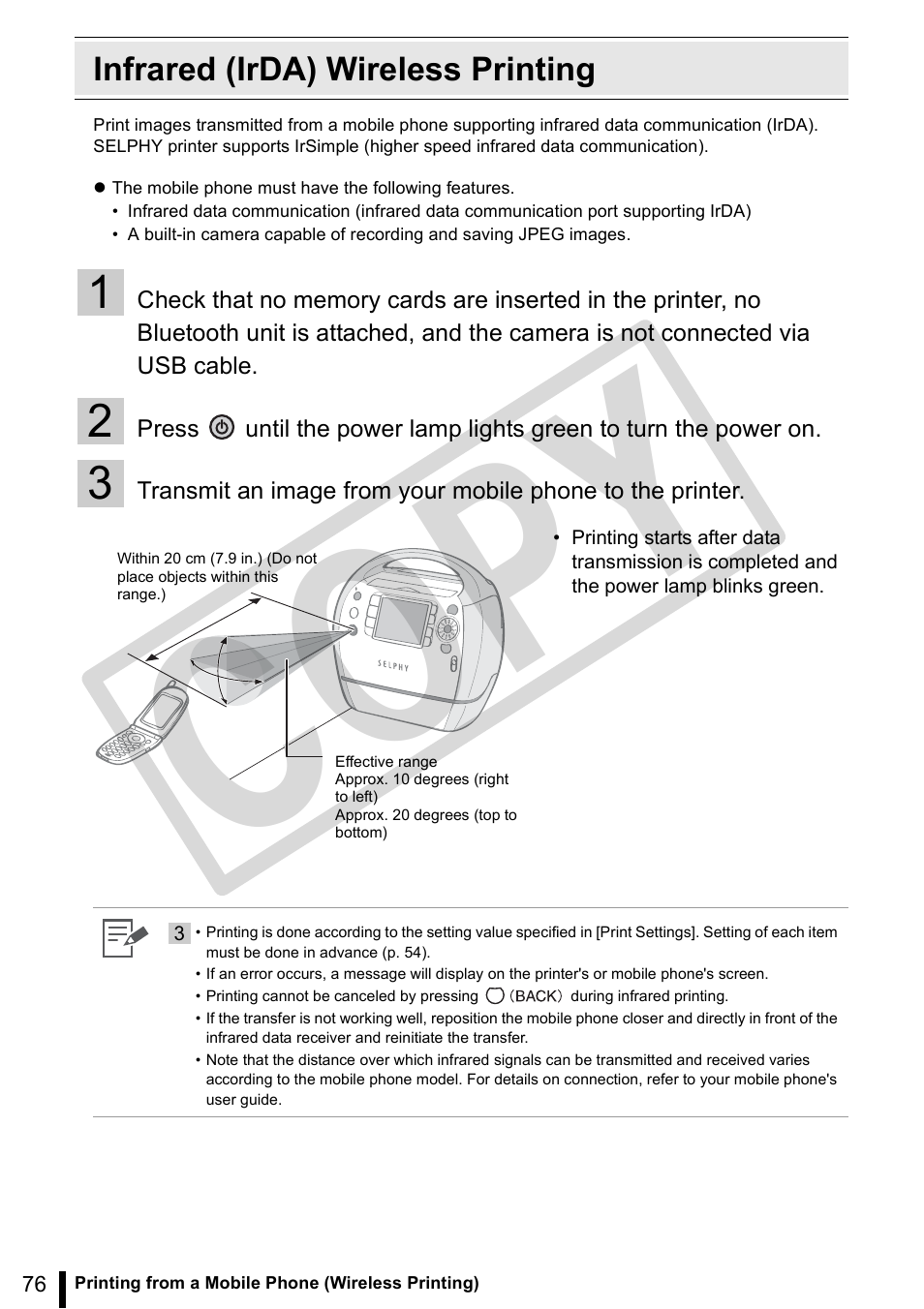 Infrared (irda) wireless printing, Co py | Canon SELPHY ES3 CDP-E063-010 User Manual | Page 76 / 124