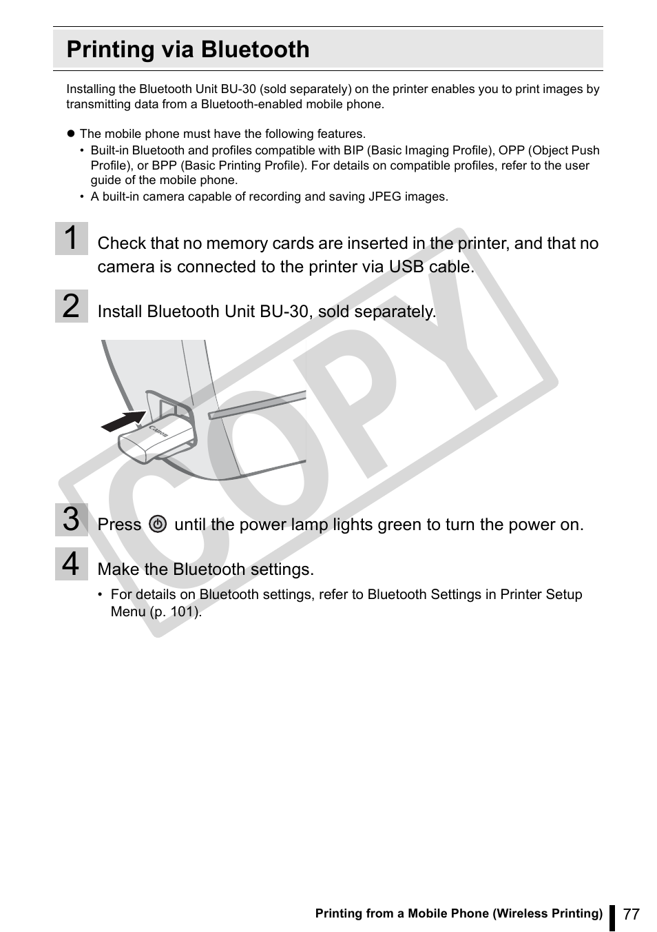 Printing via bluetooth, Co py | Canon SELPHY ES3 CDP-E063-010 User Manual | Page 77 / 124