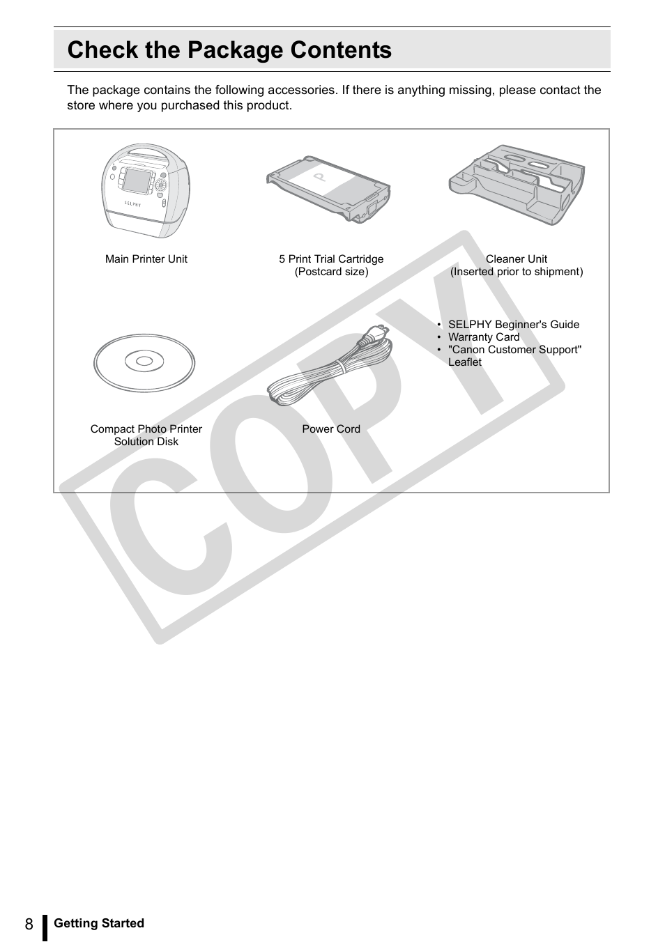 Check the package contents, Co py | Canon SELPHY ES3 CDP-E063-010 User Manual | Page 8 / 124