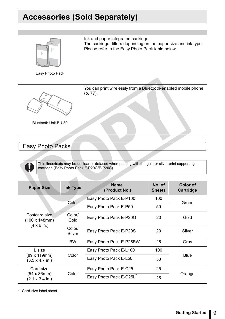 Accessories (sold separately), Co py | Canon SELPHY ES3 CDP-E063-010 User Manual | Page 9 / 124