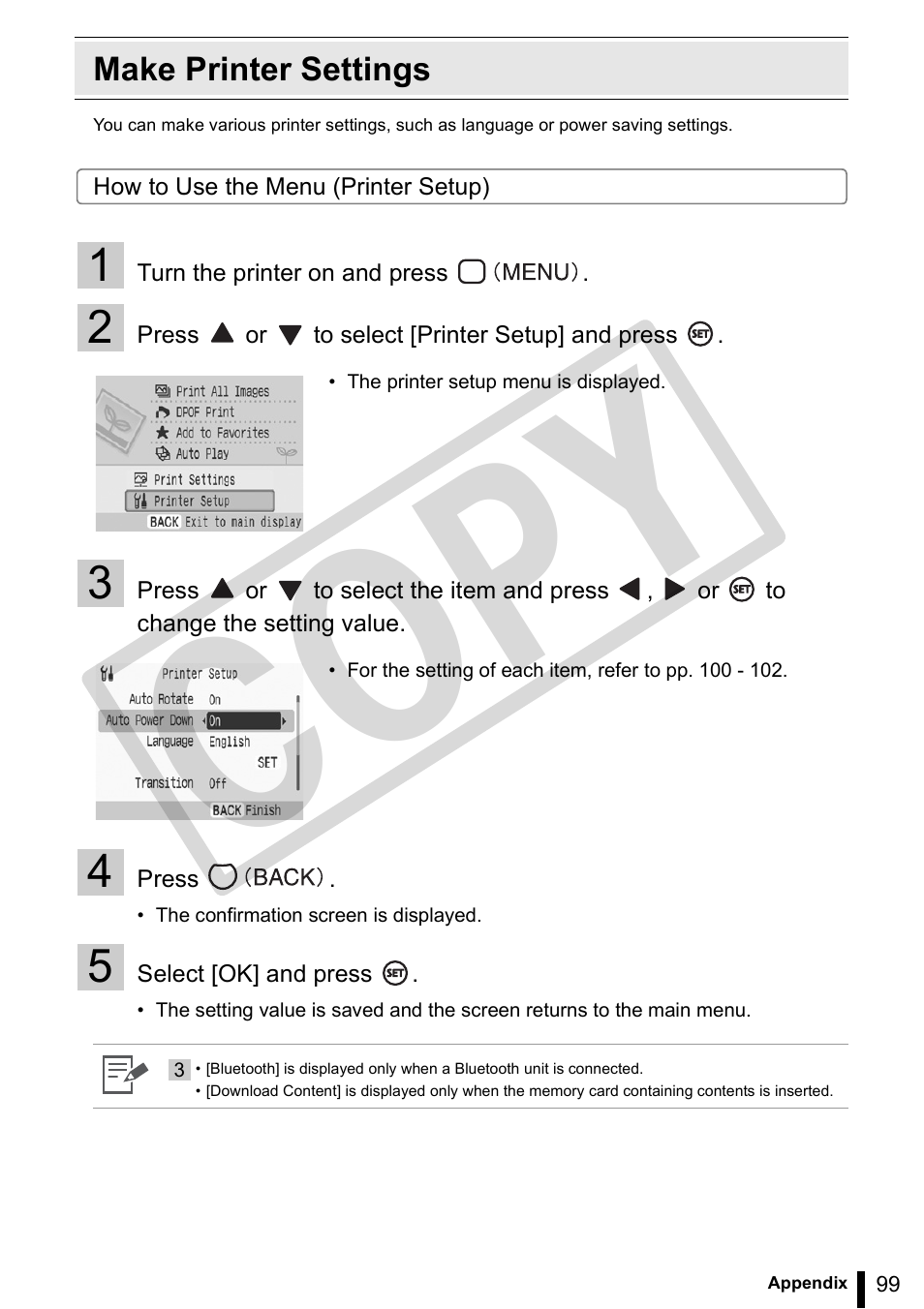 Make printer settings, Co py | Canon SELPHY ES3 CDP-E063-010 User Manual | Page 99 / 124