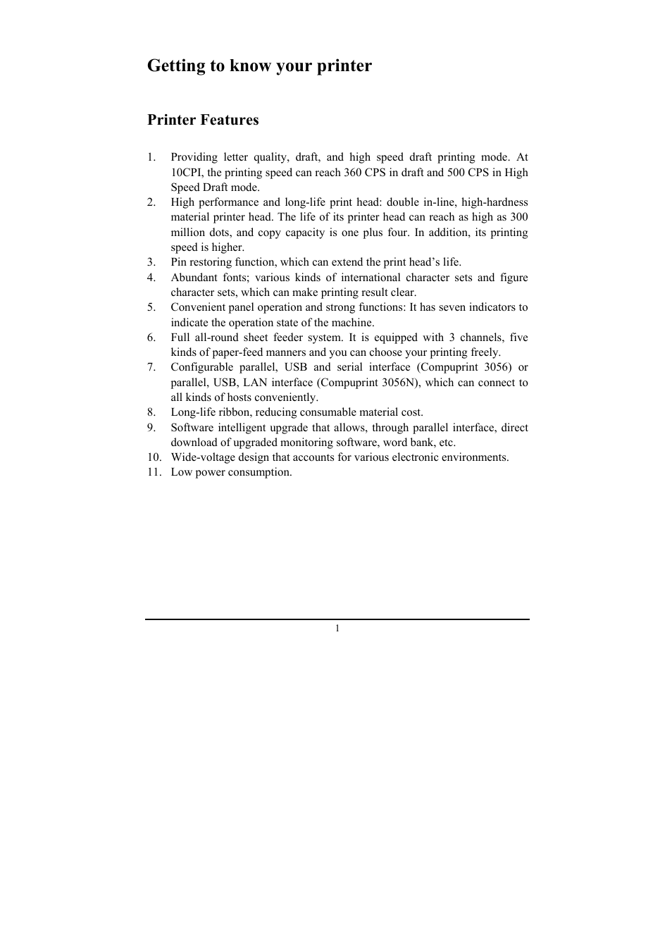 Getting to know your printer, Printer features | Compuprint 3056 User Manual | Page 10 / 75