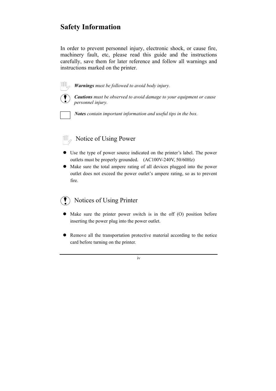 Safety information, Notice of using power, Notices of using printer | Compuprint 3056 User Manual | Page 6 / 75