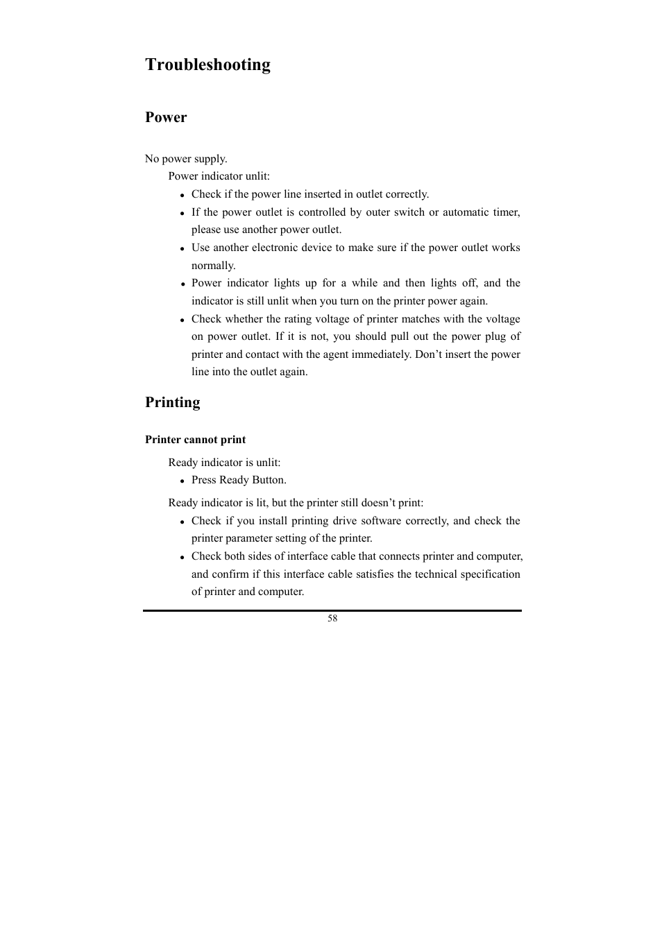 Troubleshooting, Power, Printing | Compuprint 3056 User Manual | Page 67 / 75