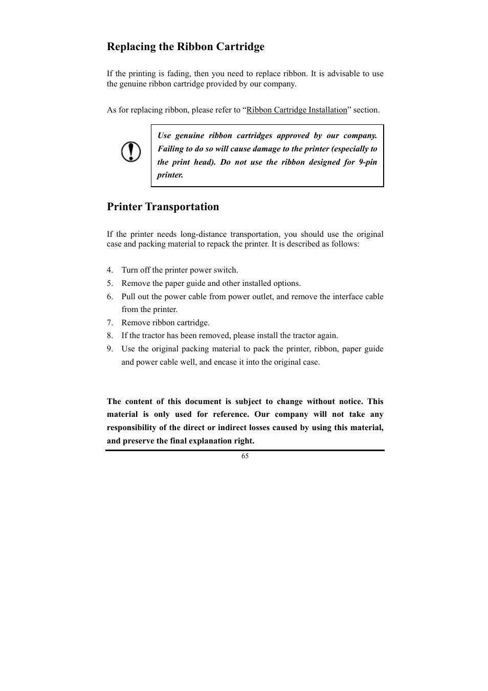 Replacing the ribbon cartridge, Printer transportation | Compuprint 3056 User Manual | Page 74 / 75