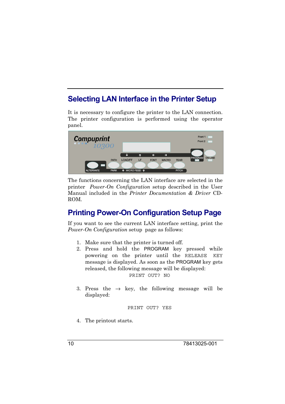 Selecting lan interface in the printer setup, Printing power-on configuration setup page | Compuprint 9050 LAN Installation User Manual | Page 10 / 62