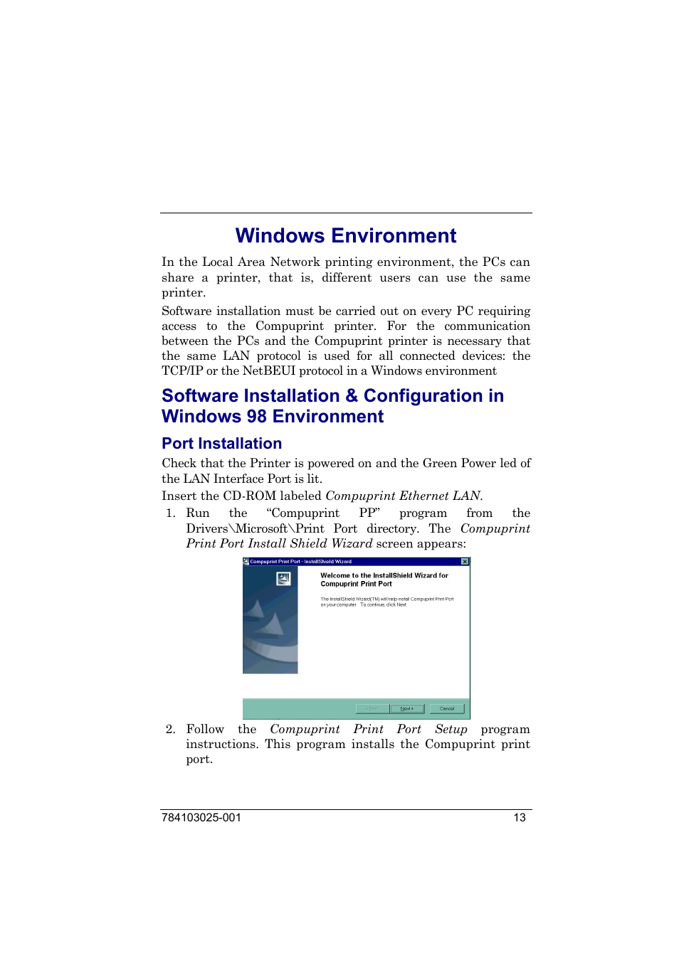 Windows environment, Port installation, Windows | Environment | Compuprint 9050 LAN Installation User Manual | Page 13 / 62