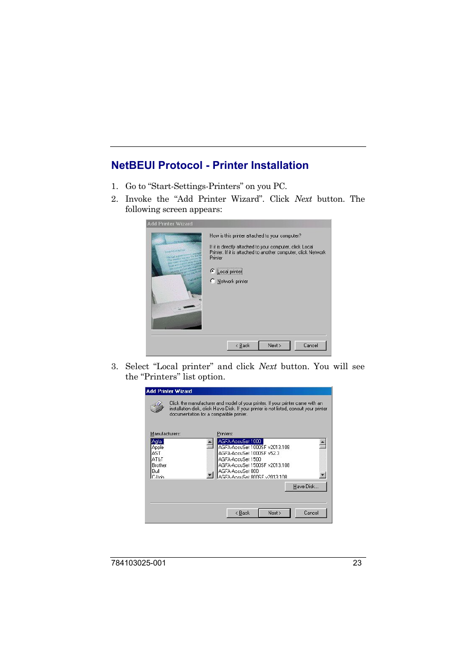 Netbeui protocol - printer installation | Compuprint 9050 LAN Installation User Manual | Page 23 / 62