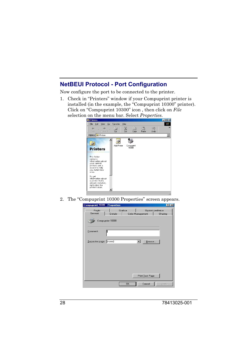 Netbeui protocol - port configuration | Compuprint 9050 LAN Installation User Manual | Page 28 / 62