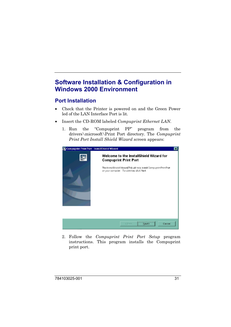 Port installation | Compuprint 9050 LAN Installation User Manual | Page 31 / 62