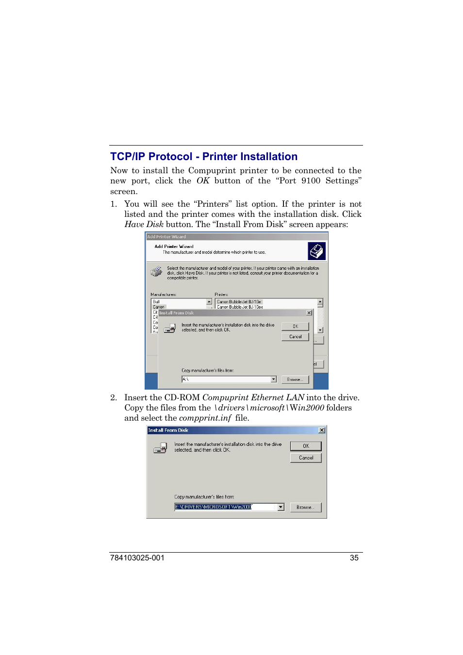 Tcp/ip protocol - printer installation | Compuprint 9050 LAN Installation User Manual | Page 35 / 62