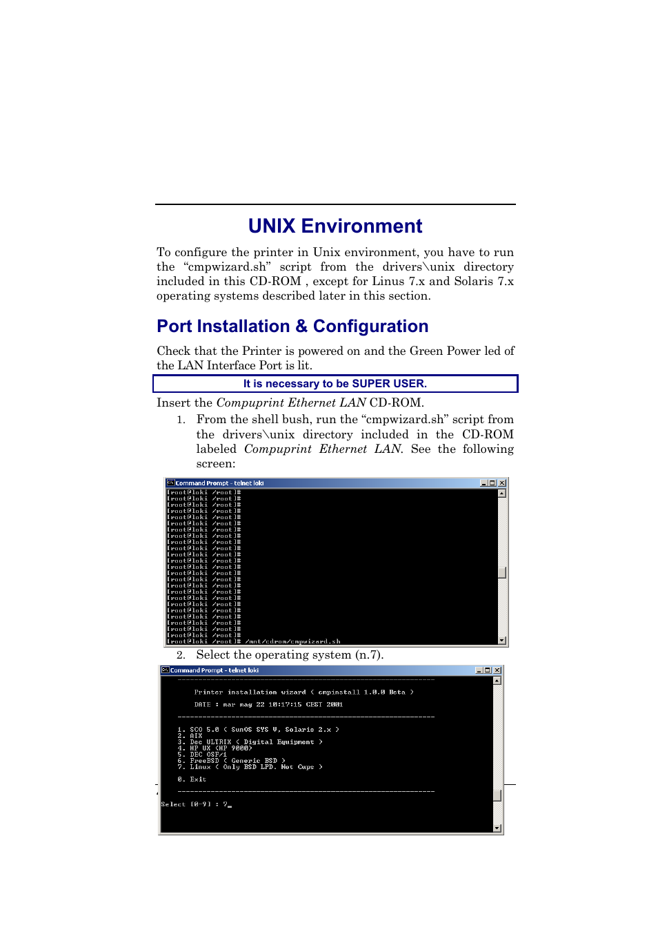 Unix environment, Port installation & configuration, Unix | Environment | Compuprint 9050 LAN Installation User Manual | Page 46 / 62