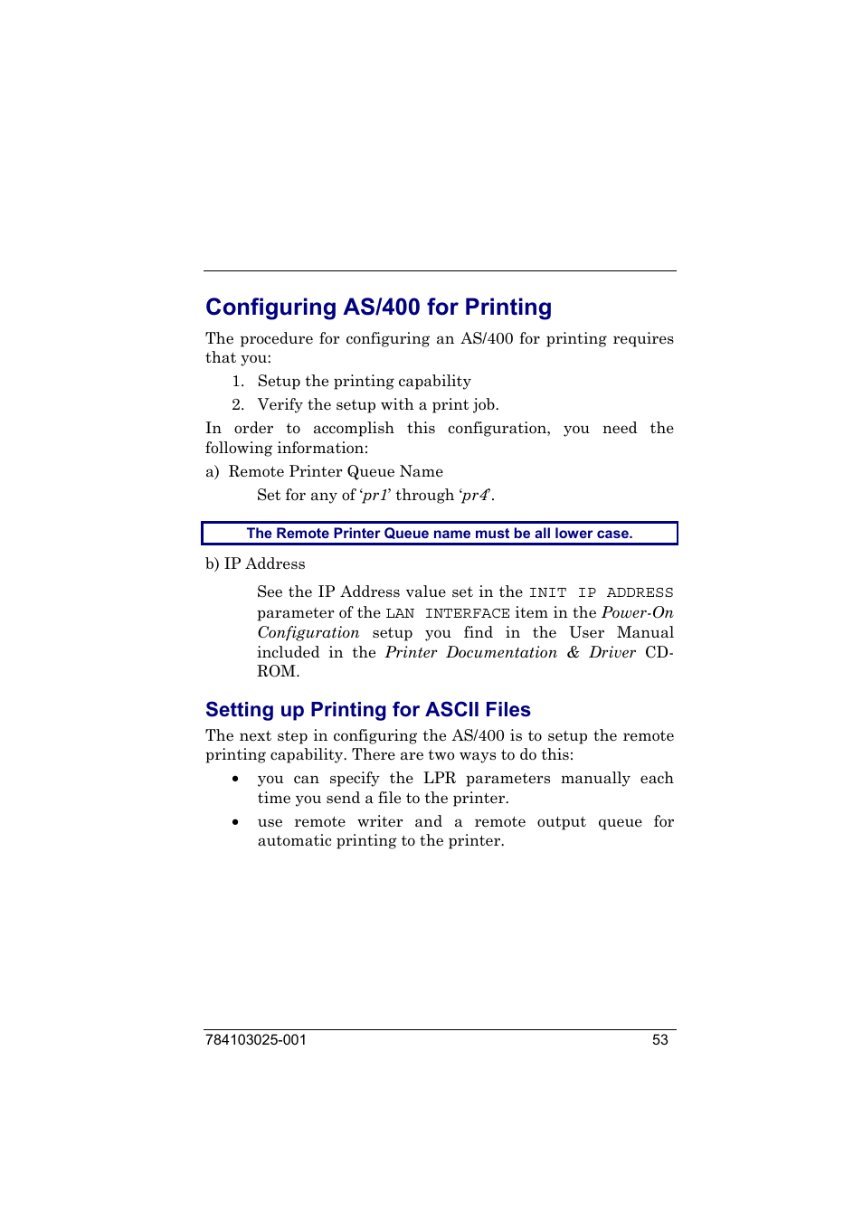 Configuring as/400 for printing, Setting up printing for ascii files | Compuprint 9050 LAN Installation User Manual | Page 53 / 62