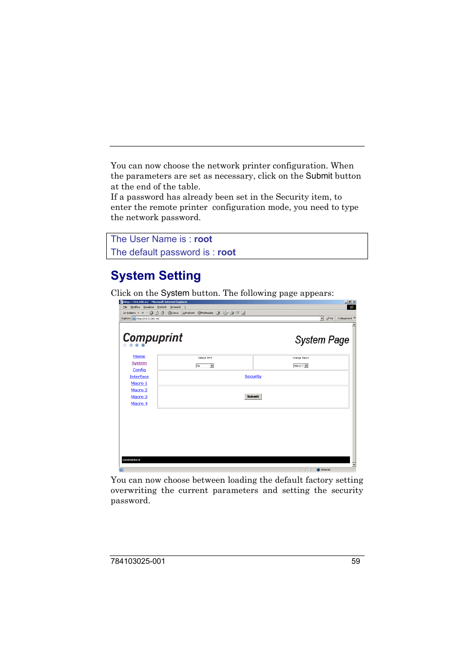 System setting | Compuprint 9050 LAN Installation User Manual | Page 59 / 62