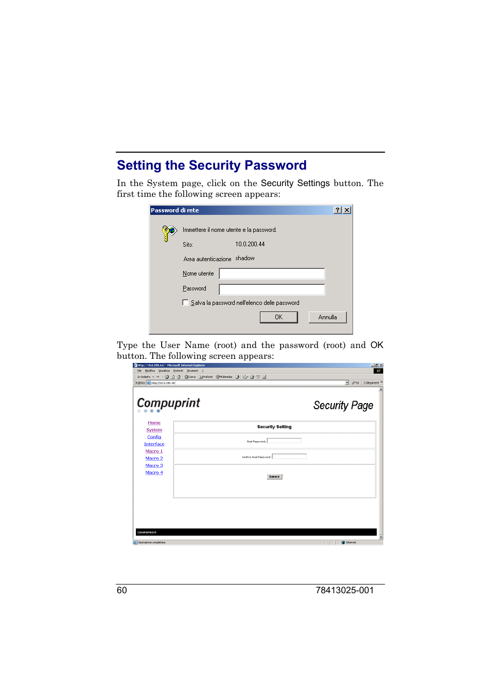 Setting the security password | Compuprint 9050 LAN Installation User Manual | Page 60 / 62