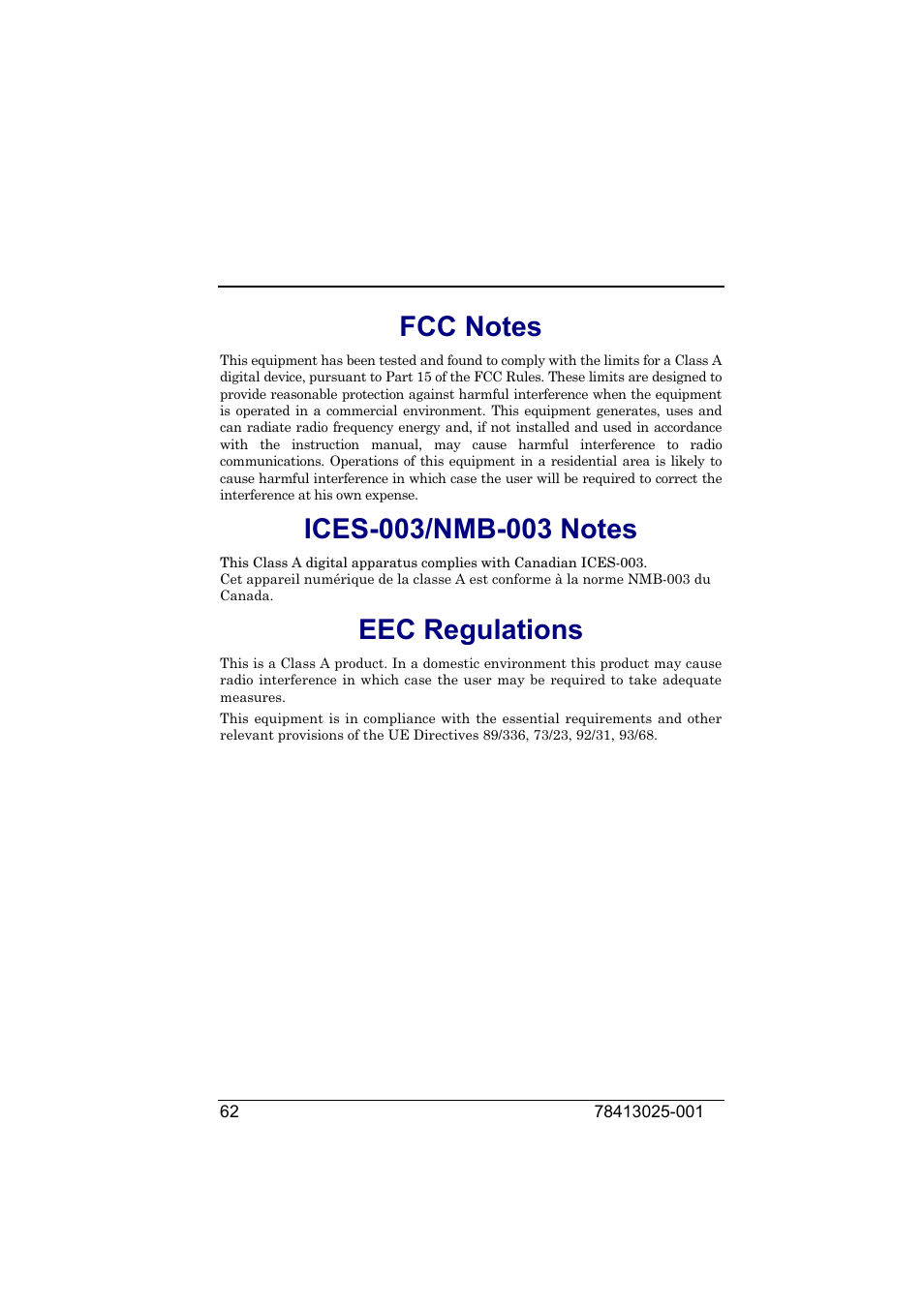 Fcc notes, Ices-003/nmb-003 notes, Eec regulations | Notes, Ices-003/nmb-003, Regulations | Compuprint 9050 LAN Installation User Manual | Page 62 / 62