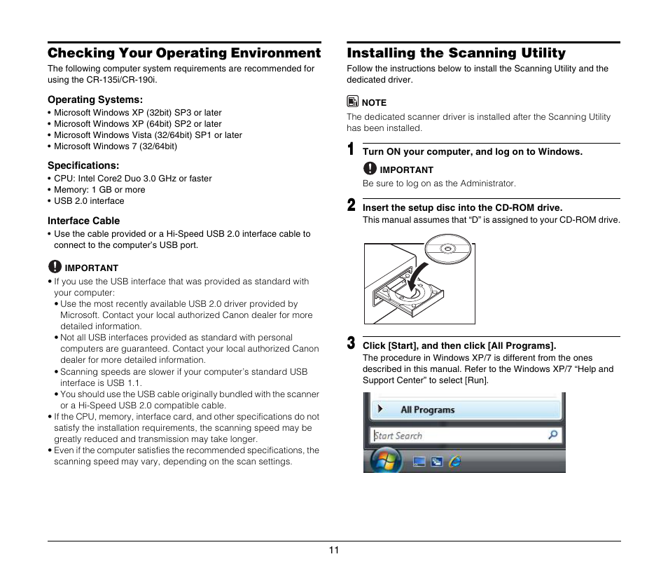 Checking your operating environment, Installing the scanning utility, See “checking your operating environment” on p. 11 | See “installing the scanning utility” on p. 11 | Canon CR-135I User Manual | Page 11 / 19