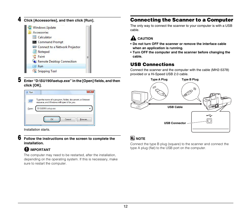 Connecting the scanner to a computer, Usb connections | Canon CR-135I User Manual | Page 12 / 19