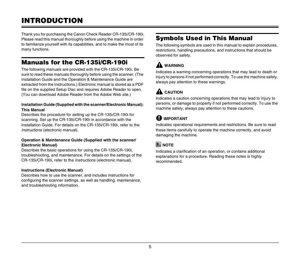 Introduction, Manuals for the cr-135i/cr-190i, Symbols used in this manual | Canon CR-135I User Manual | Page 5 / 19