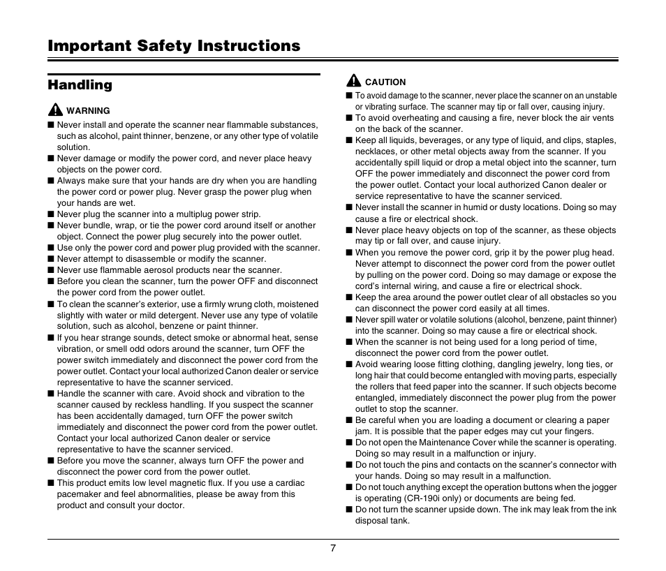 Important safety instructions, Handling | Canon CR-135I User Manual | Page 7 / 19