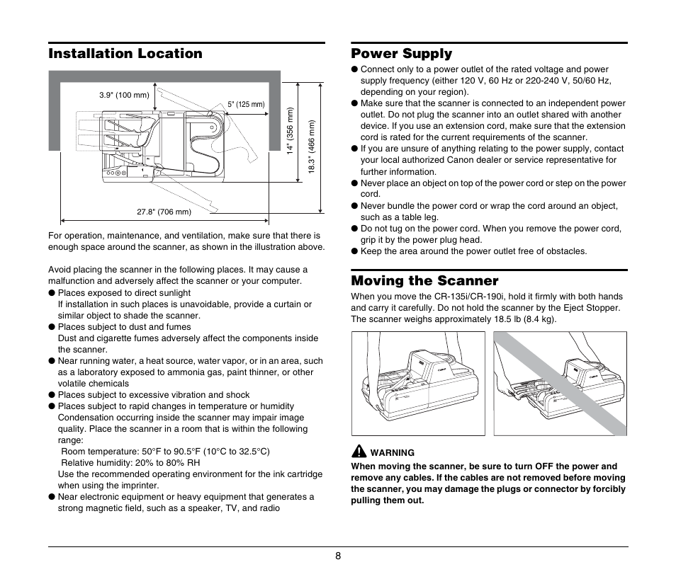 Installation location, Power supply, Moving the scanner | Canon CR-135I User Manual | Page 8 / 19